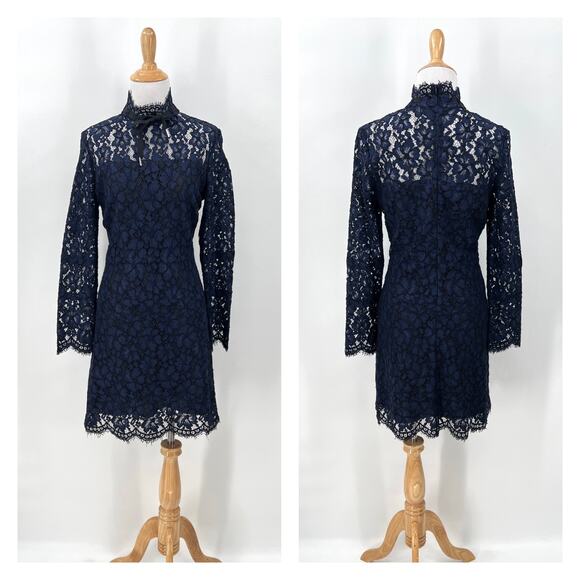 SANDRO Rina Long Sleeve Lace Dress Womens Large Navy Blue Black Sheath Mini - Picture 3 of 16